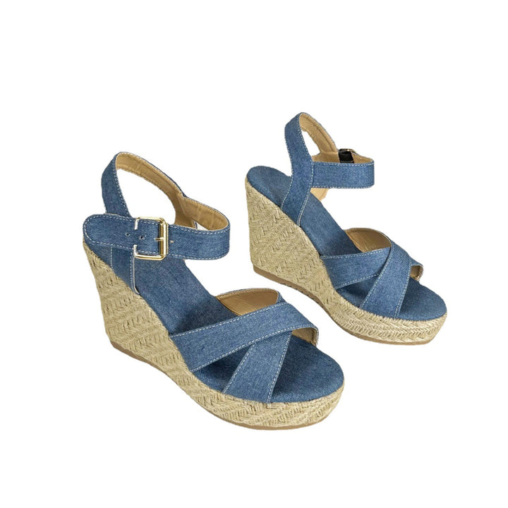 Damen nan Keil-Espadrille-Sandale mit geflochtener Juteplattform, gekreuzten Textilriemen und verstellbarer Metallschnalle Drune