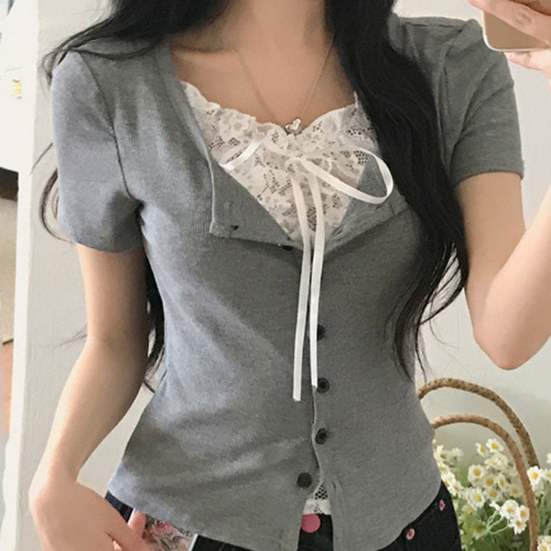 Damen Spitzen-Oberteil mit schulterfreiem Design und eleganter Schnürung Drune