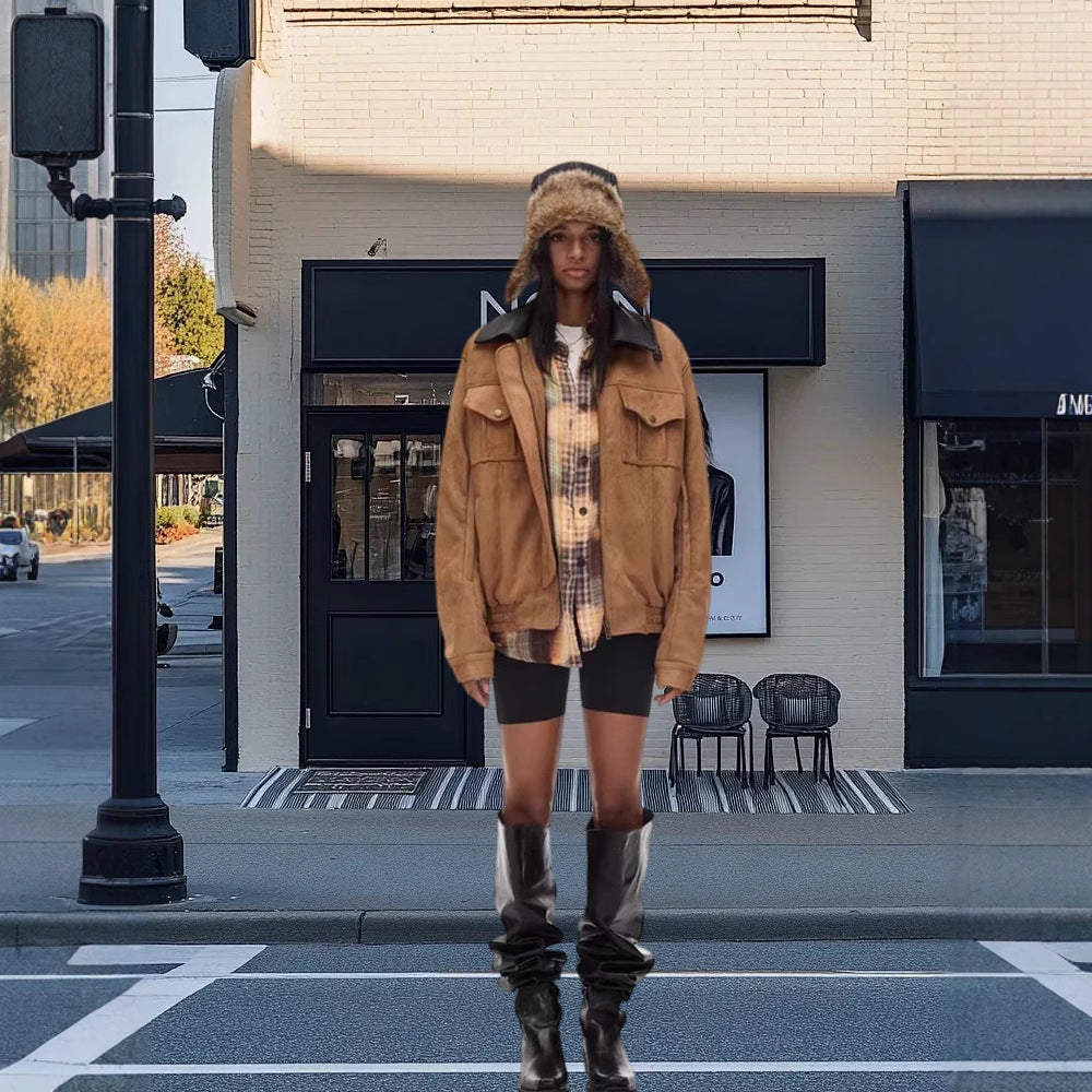 Damen Trendige Suede Jacke mit abnehmbarem Pelzkragen Drune