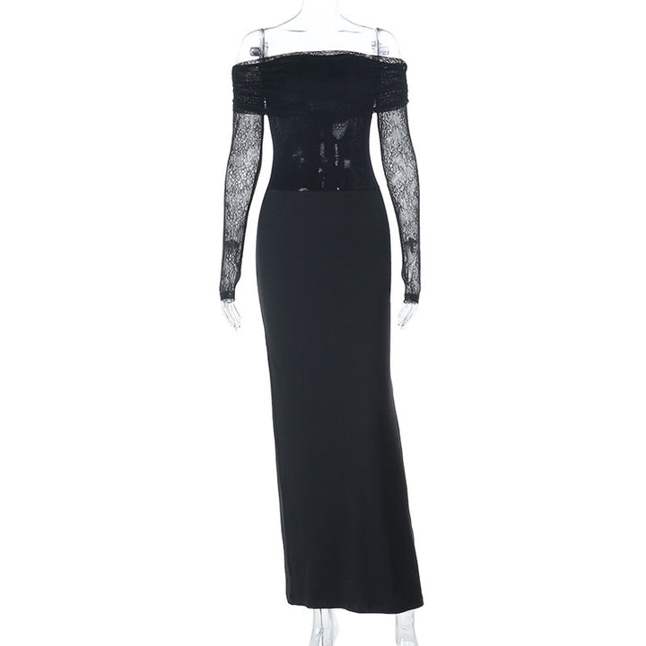Damen schulterfreies Abendkleid mit Spitzenärmeln und langer Silhouette Drune