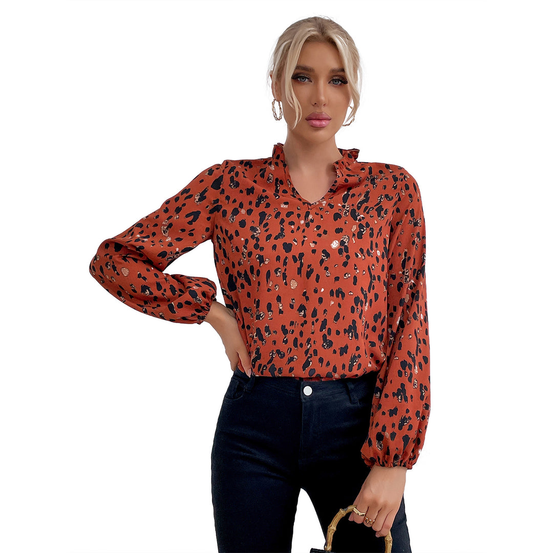 Damen Bluse mit floralem Leopardenmuster und voluminösen Ärmeln Drune