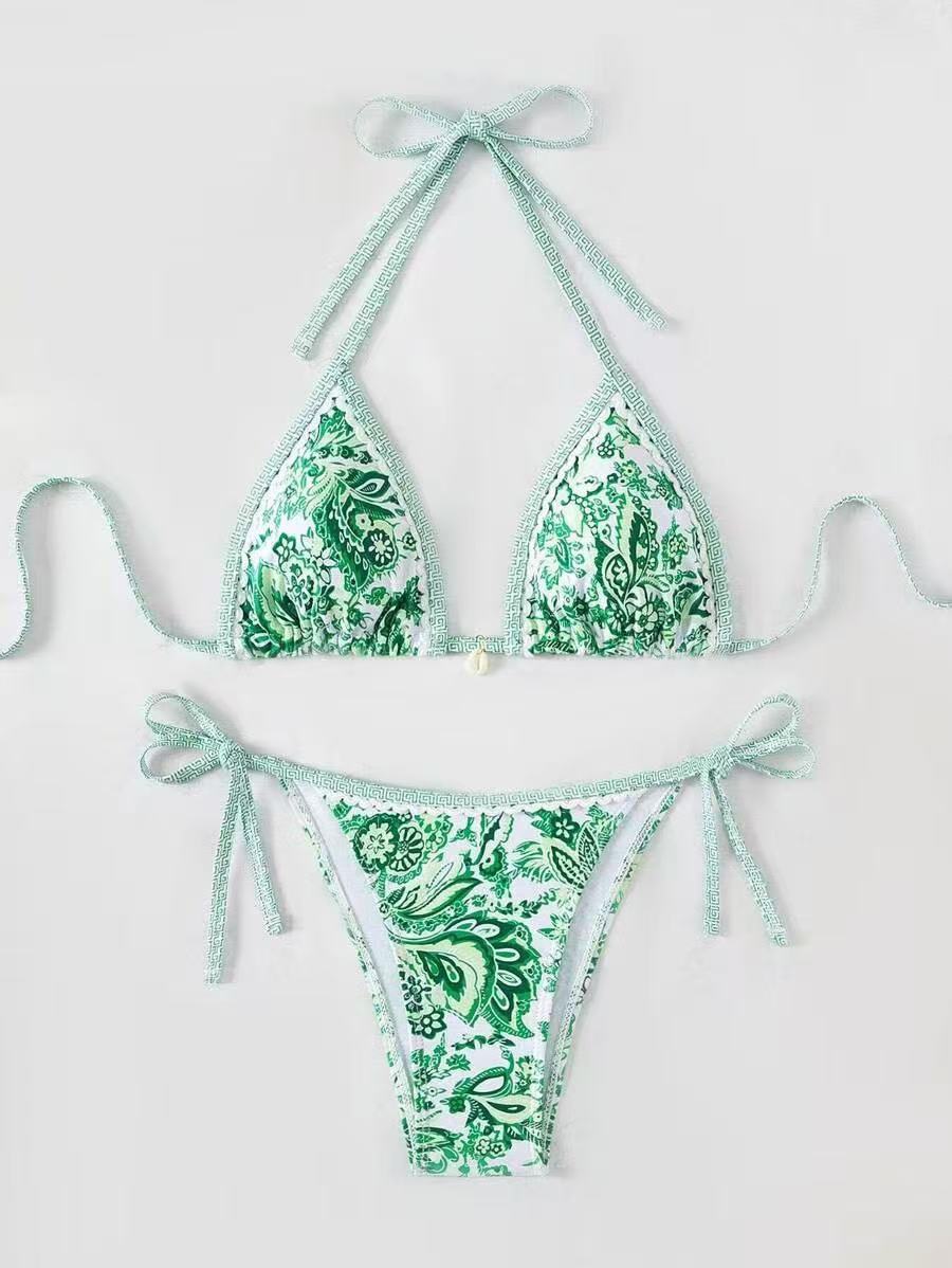 Damen Triangel-Bikini mit floralem Muster und verstellbaren Bindebändern Drune