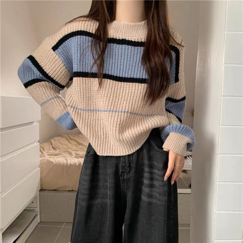 Damen Grober gestrickter Pullover mit bunten Streifen und lockerer Passform Drune