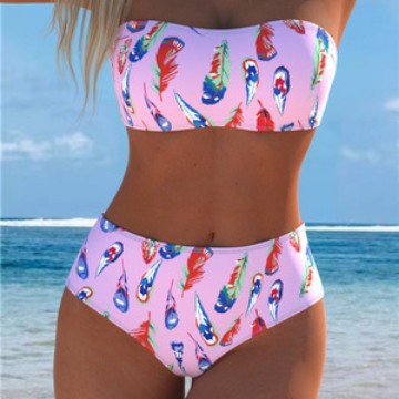 Damen Bandeau-Bikini mit einzigartigem Federmuster und hohem Taillenschnitt Drune