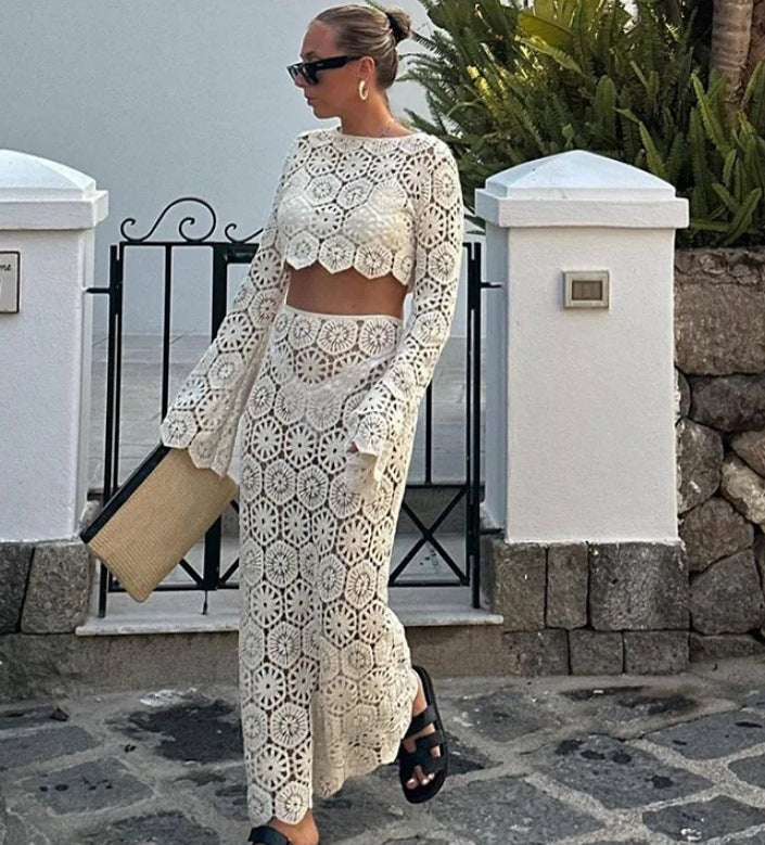 Damen Cropped Häkel-Oberteil und Maxi-Rock Set Drune