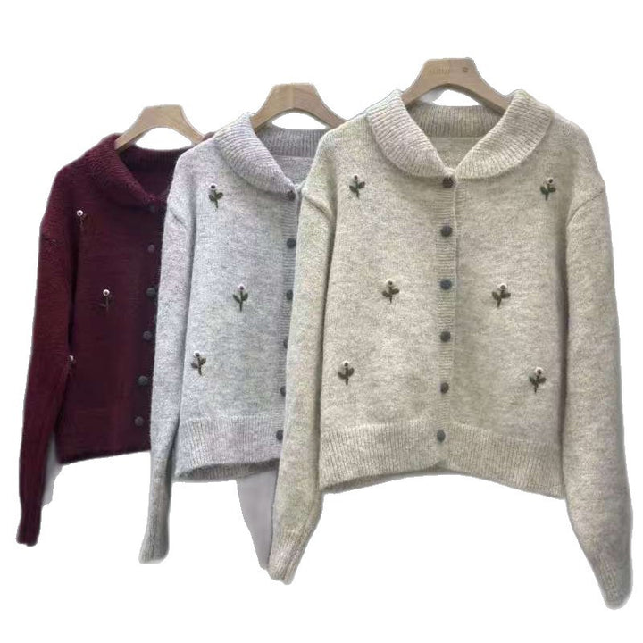 Damen Komfortable Strickjacke mit floralem Design und Knopfverschluss Drune