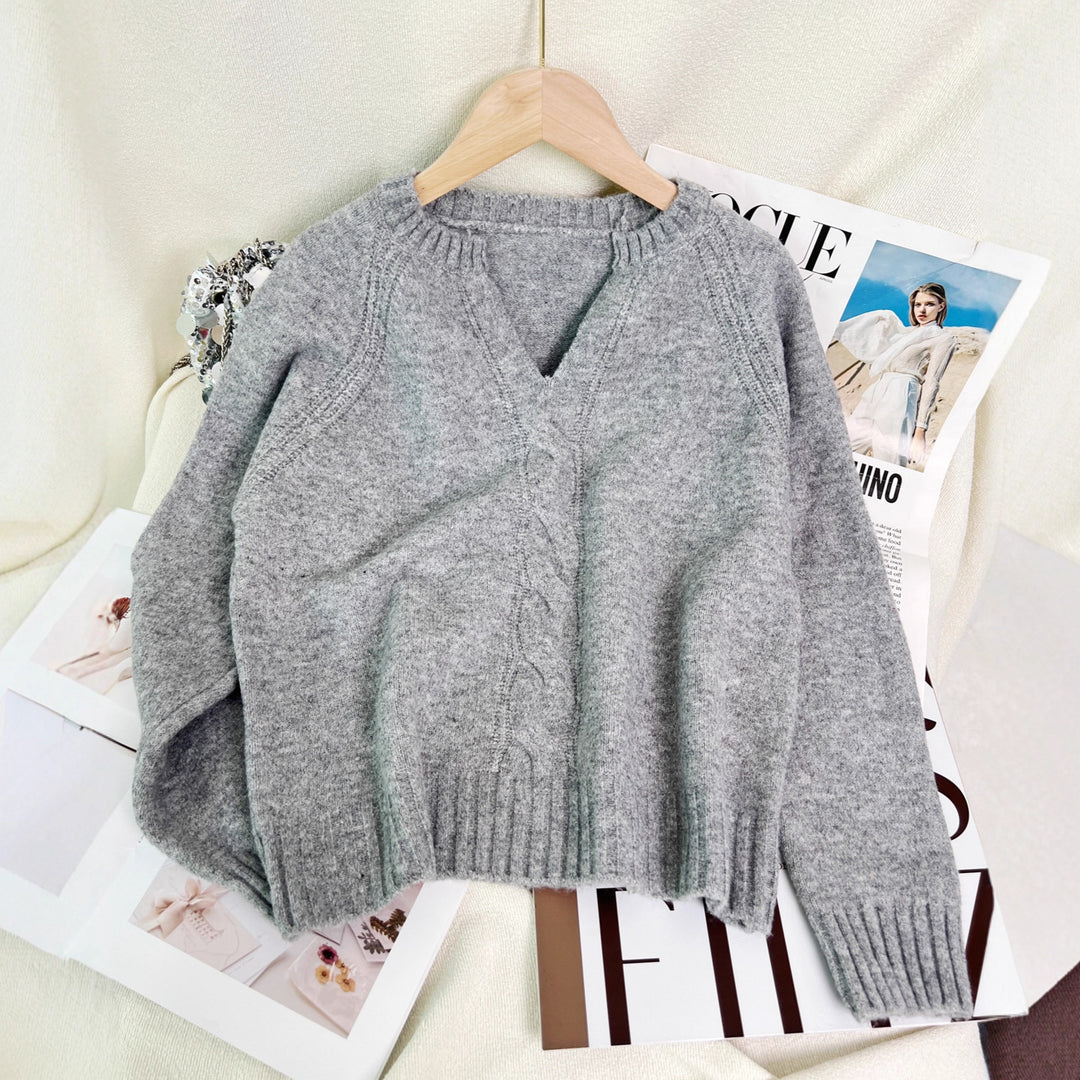 Damen Strickpullover mit tiefem V-Ausschnitt und Zopfmuster Drune