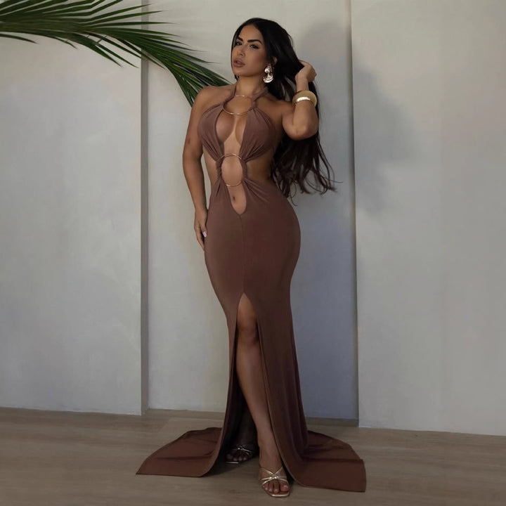 Damen aufregendes Maxikleid mit tiefem V-Ausschnitt und eleganten Raffungselementen Drune