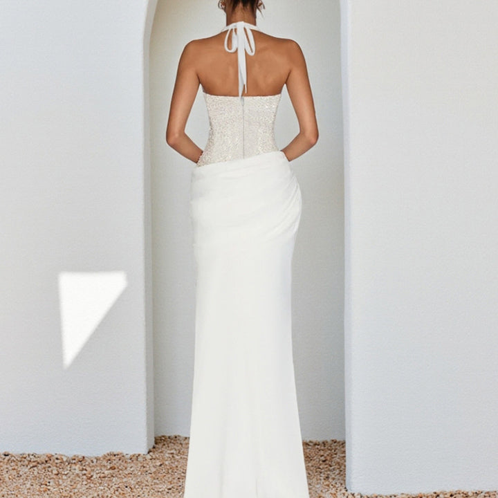 Damen glamouröses Abendkleid mit tiefem V-Ausschnitt und Rüschendetails Drune