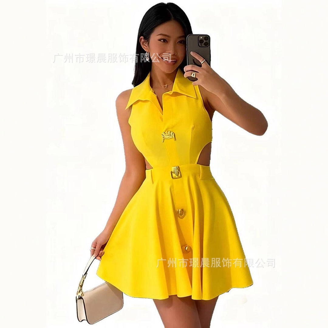 Damen modisches Hochzeitskleid mit Knopfverschluss und seitlichen Cut-Outs Drune