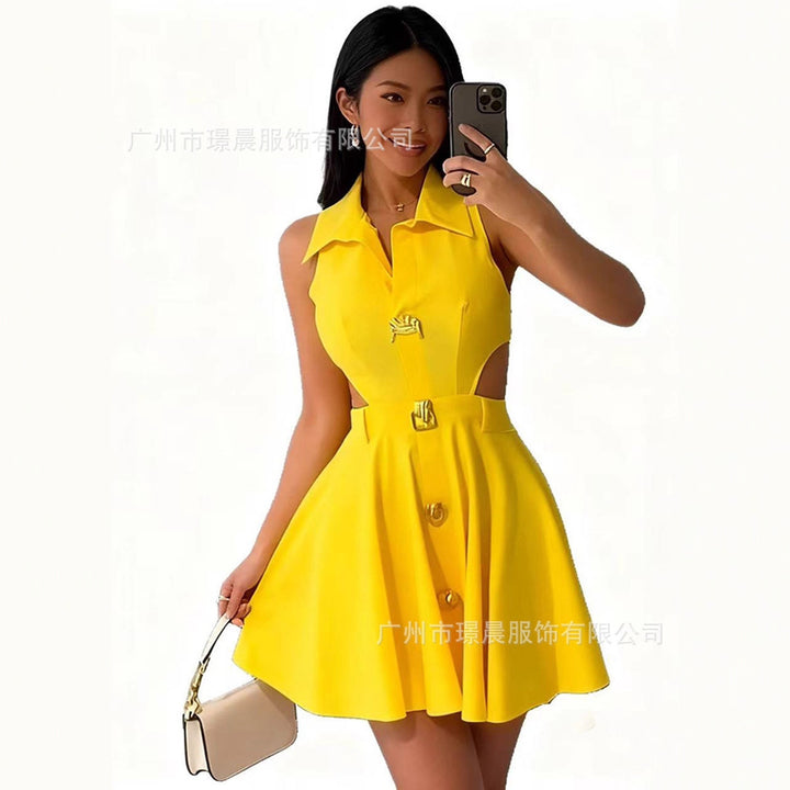 Damen modisches Hochzeitskleid mit Knopfverschluss und seitlichen Cut-Outs Drune