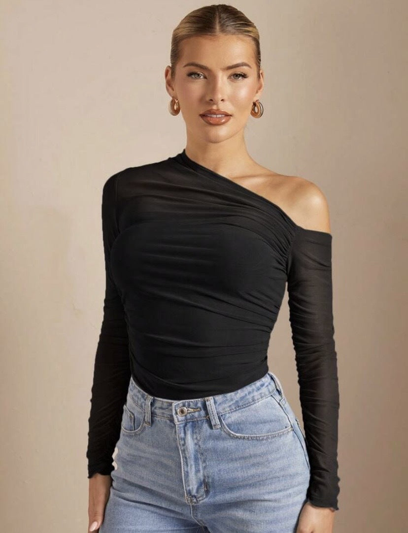 Damen Asymmetrischer Body mit Raffungen und langen Ärmeln Drune
