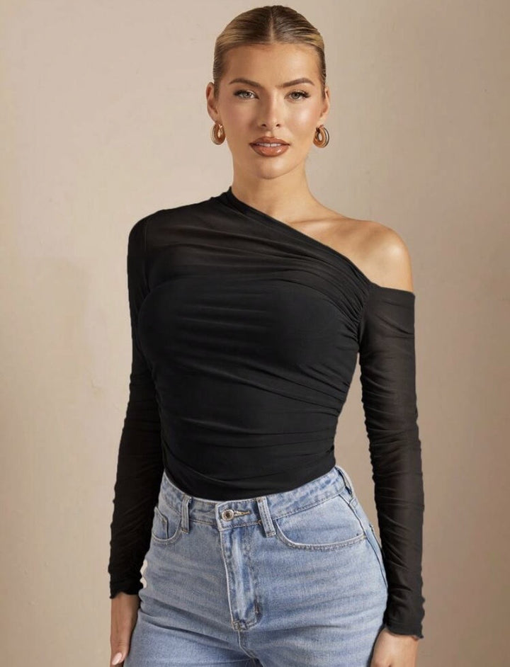 Damen Asymmetrischer Body mit Raffungen und langen Ärmeln Drune