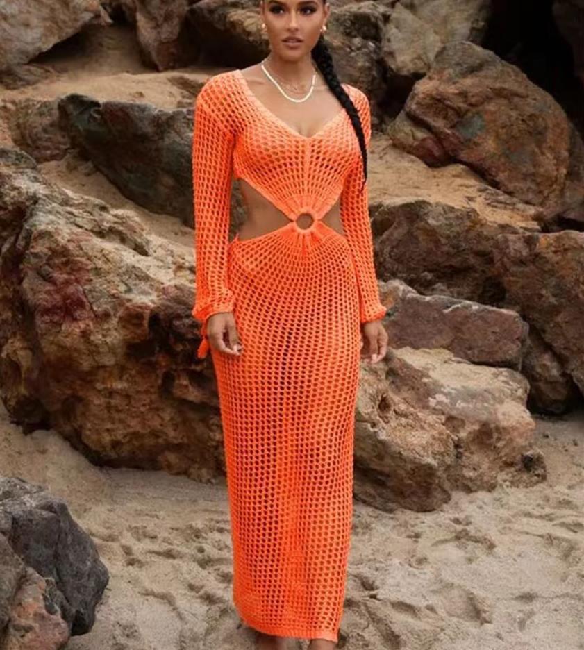 Damen Häkel-Maxikleid mit Cut-Out-Details und dekorativem Gürtel Drune
