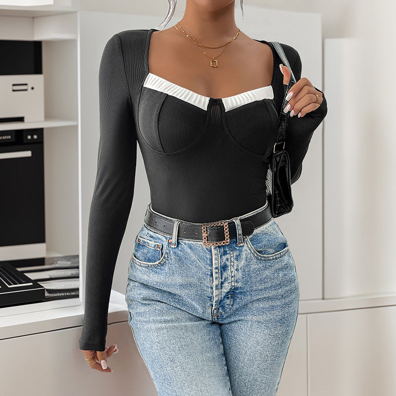 Damen figurbetontes Bodysuit mit langen Ärmeln und elegantem Spitzeneinsatz Drune