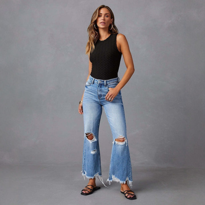 Damen nan hochgeschnittene ausgestellte Destroyed-Jeans mit Knieausfransungen und rohem Saum Drune