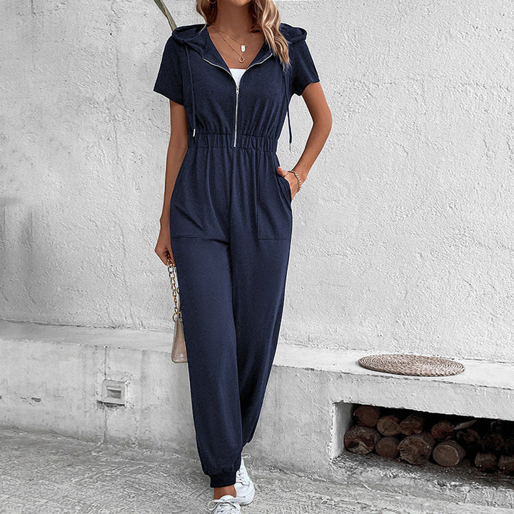 Damen moderner Kurzarm-Jumpsuit mit praktischen Taschen und Kapuze Drune