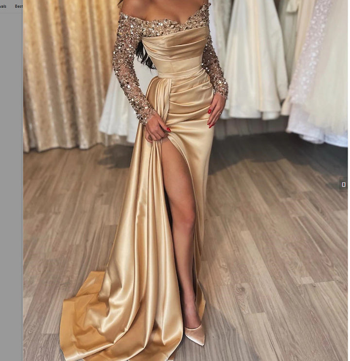 Damen Glamouröses Abendkleid mit schimmerndem Rock und funkelnden Ärmeln Drune