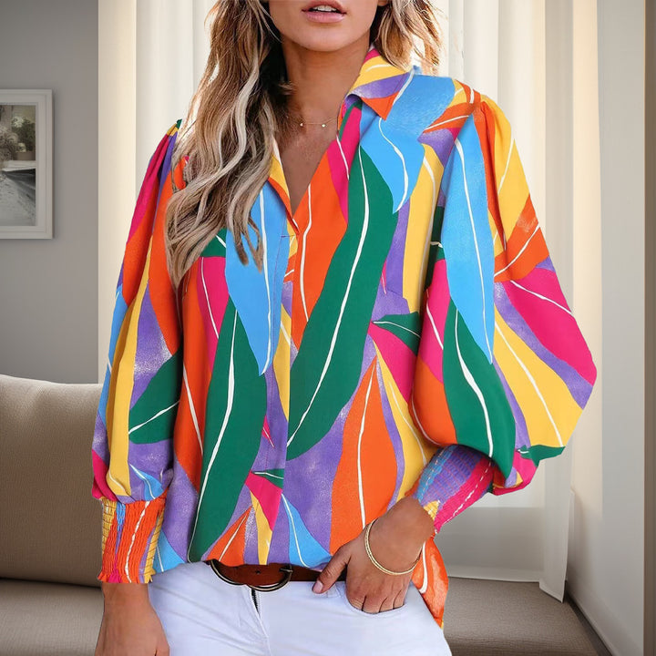 Damen Hemdbluse im lebhaften Blumendesign mit überschnittenen Schultern und elastischen Bündchen Drune