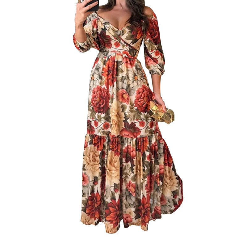Damen Maxikleid mit V-Ausschnitt und Rüschendetails Drune