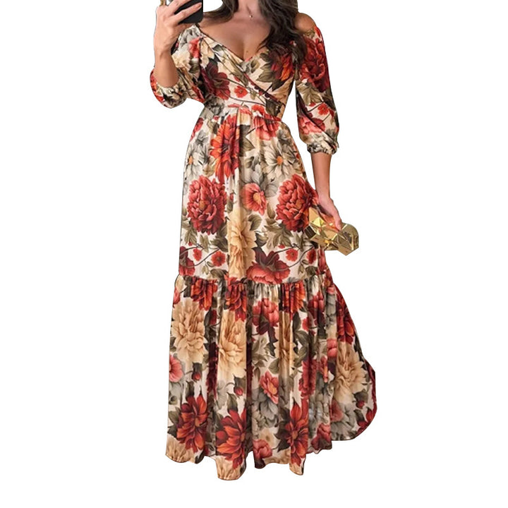 Damen Maxikleid mit V-Ausschnitt und Rüschendetails Drune