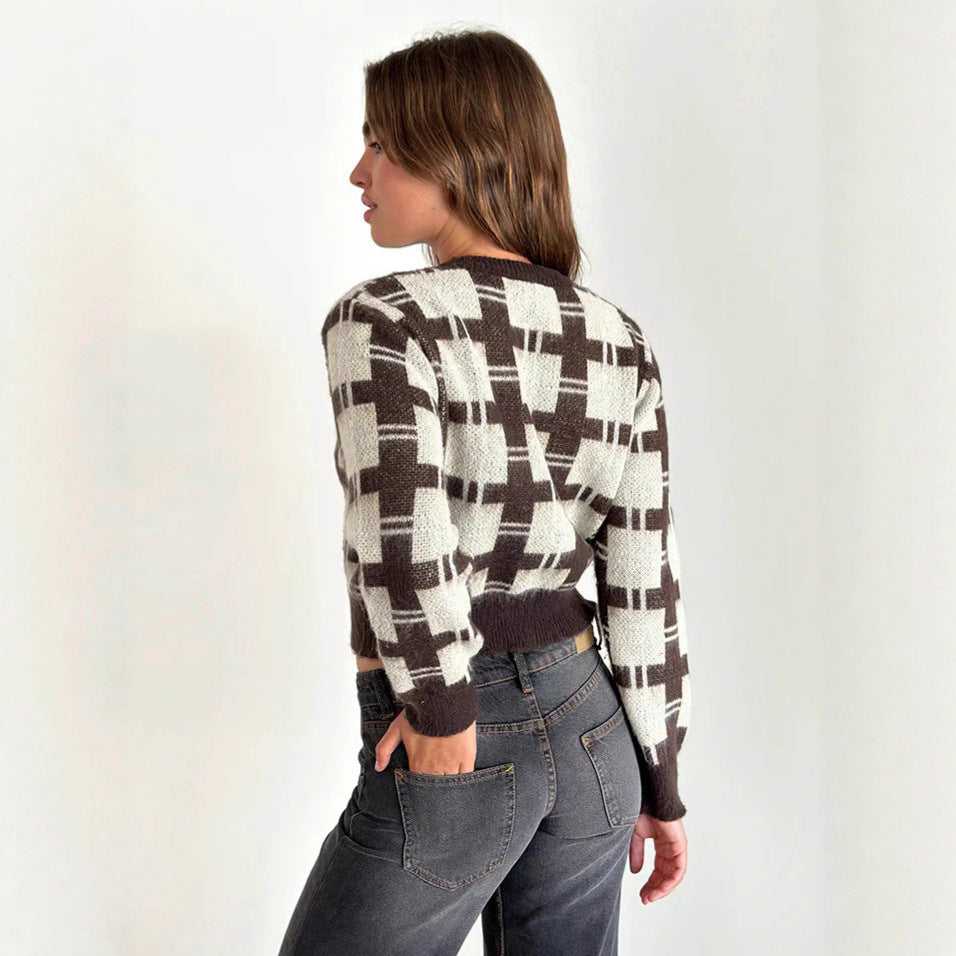 Damen cropped Strickjacke mit modernem Karomuster und knöpfbarem Design Drune