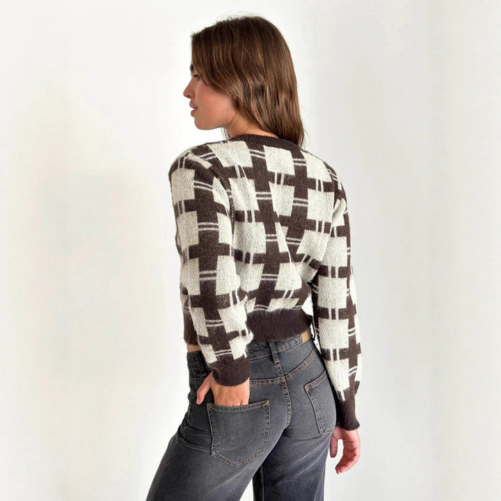 Damen cropped Strickjacke mit modernem Karomuster und knöpfbarem Design Drune