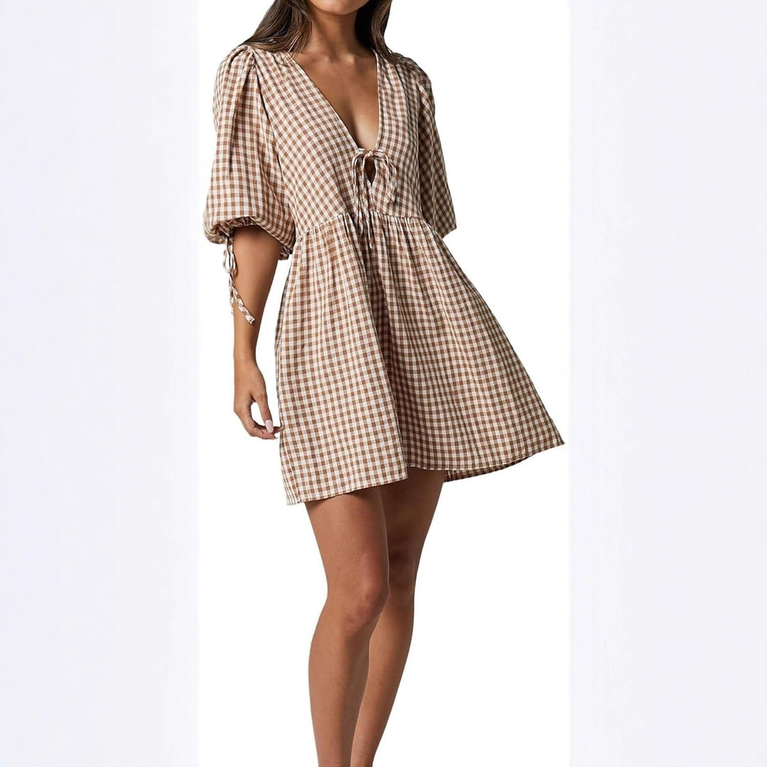 Damen Freizeitkleid mit V-Ausschnitt und Puffärmeln Drune