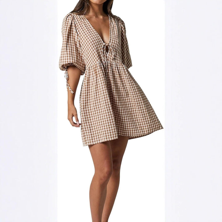 Damen Freizeitkleid mit V-Ausschnitt und Puffärmeln Drune
