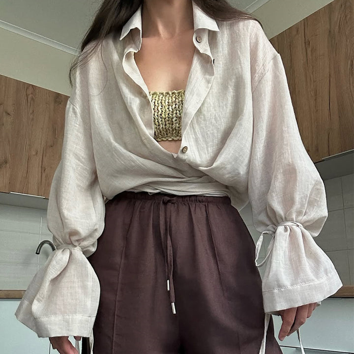 Damen lässige Leinenbluse mit bindbarem Gürtel Drune