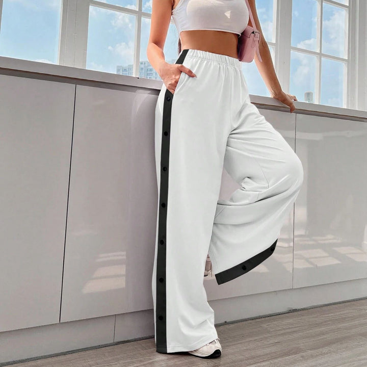 Damen Sportliche Palazzo-Hosen mit seitlichen Druckknöpfen und elastischem Bund Drune