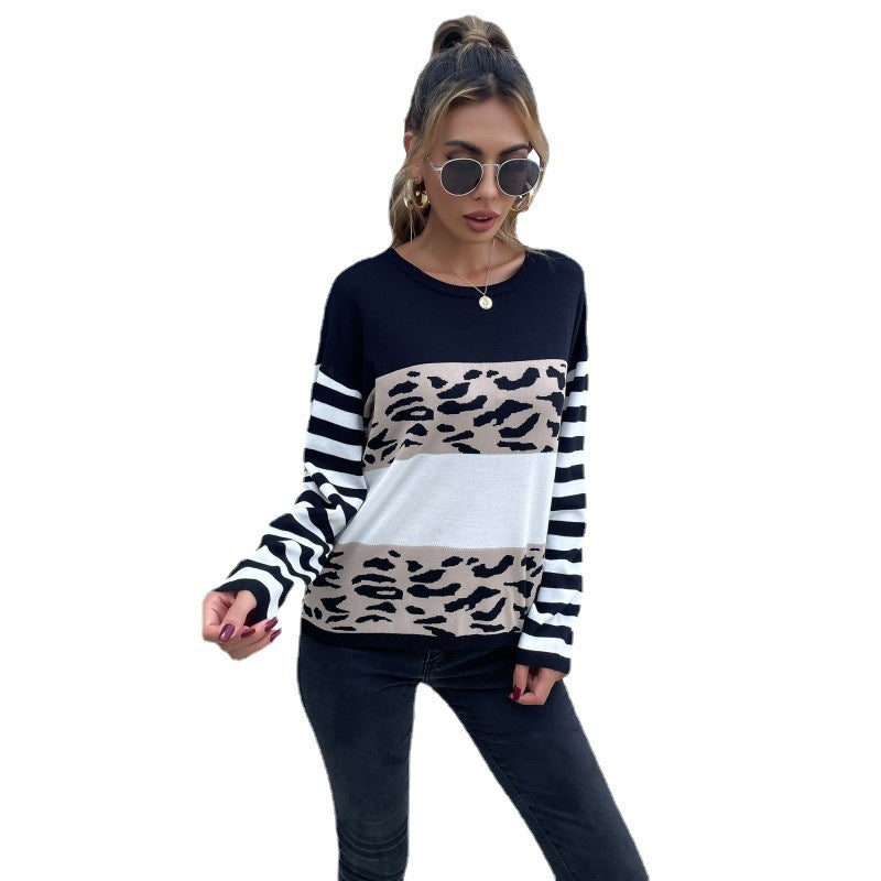 Damen lässiger Pullover mit gestreiften Ärmeln und Animal-Print Drune