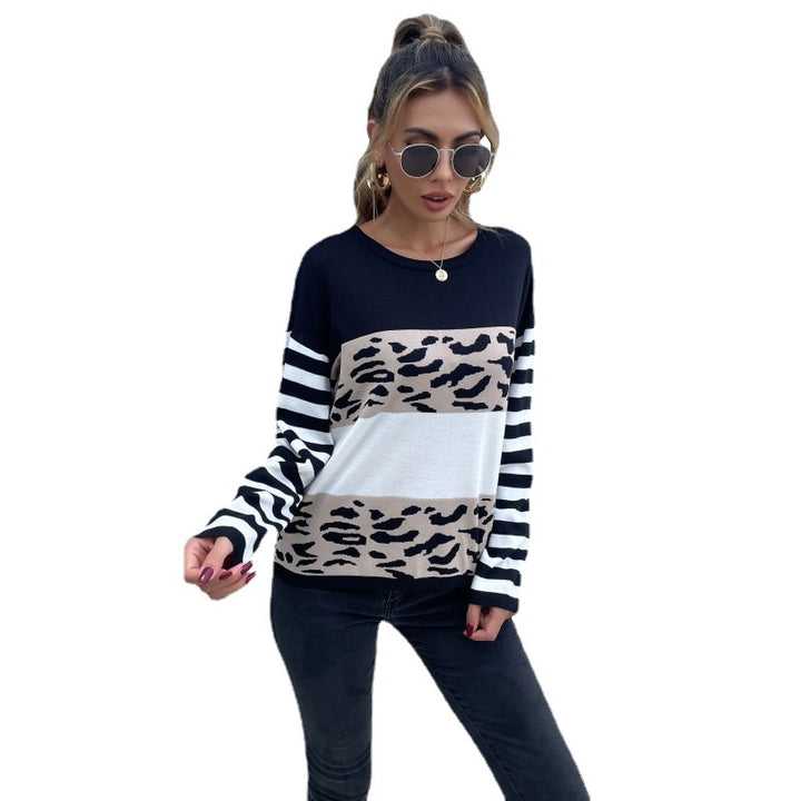 Damen lässiger Pullover mit gestreiften Ärmeln und Animal-Print Drune
