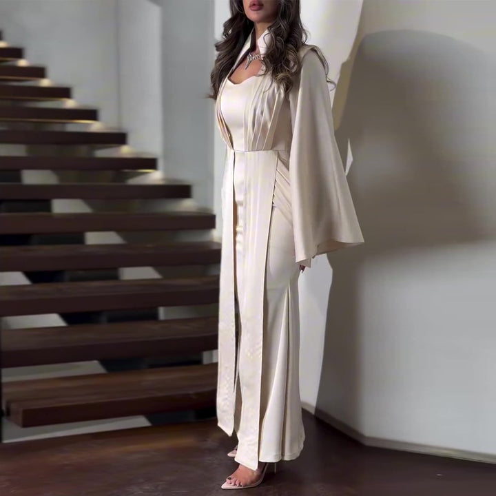 Damen elegantes Maxikleid mit schickem Taillenschnitt und luxuriösem Satinbesatz Drune