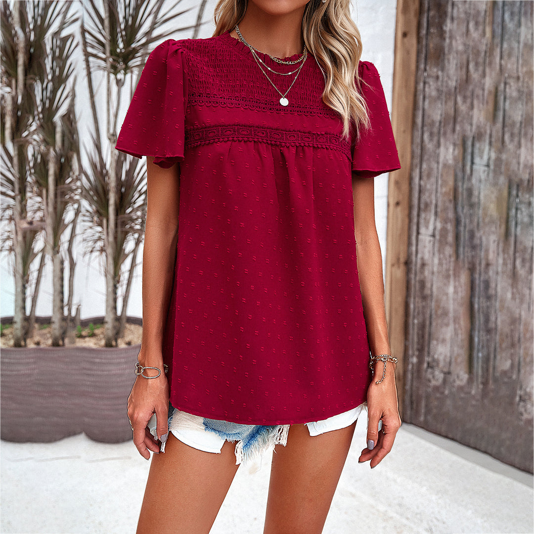 Damen Bluse mit Puffärmeln und dekorativer Spitzenverarbeitung Drune