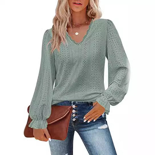 Damen Bluse mit Spitzenmuster und Ballonärmeln Drune