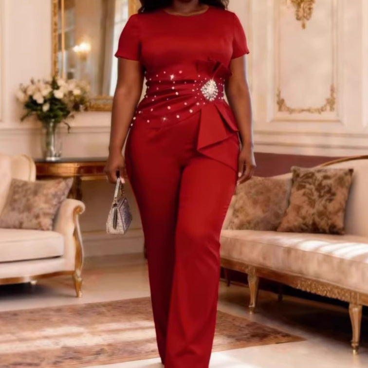 Damen elegante Jumpsuit mit figurbetonter Silhouette und Rüschendetails Drune