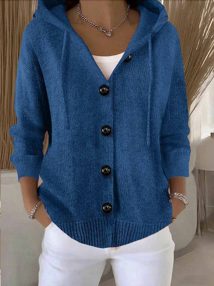 Damen lässige Strickjacke mit Kapuze und großen Knöpfen Drune