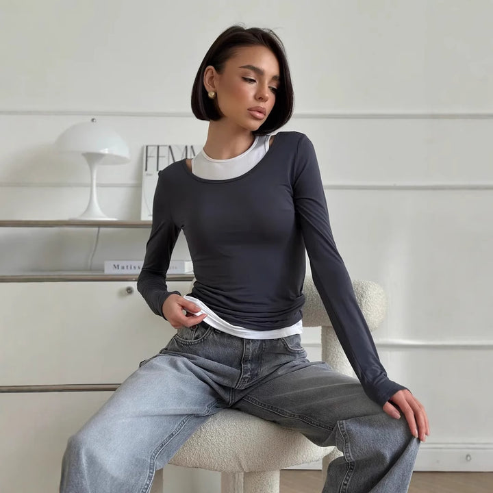 Damen Langarmshirt mit asymmetrischem Ausschnitt Drune