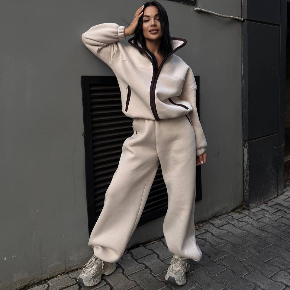 Damen Modischer Fleece-Jogginganzug mit hohem Kragen und Kängurutasche Drune