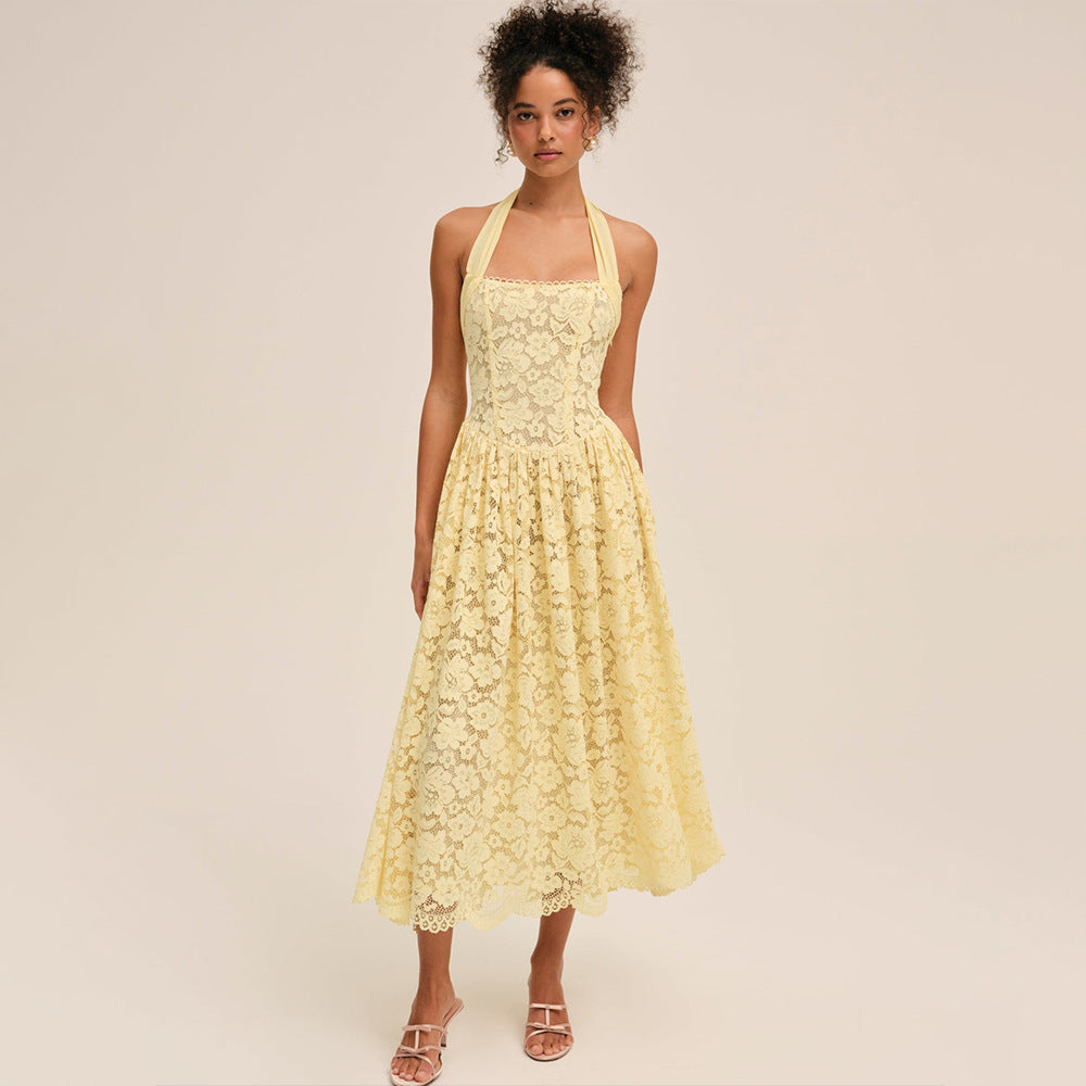 Damen Elegant Spitzenkleid mit geflochtenem Träger Drune