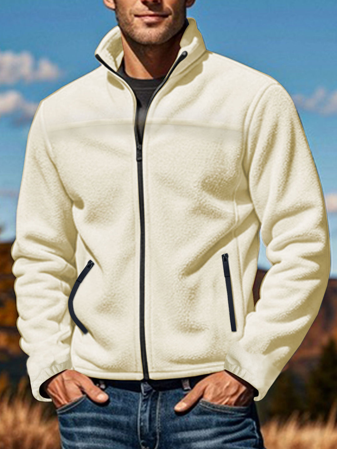 Herren nan warme Fleecejacke mit Reißverschluss, Stehkragen und Reißverschlusstaschen Drune