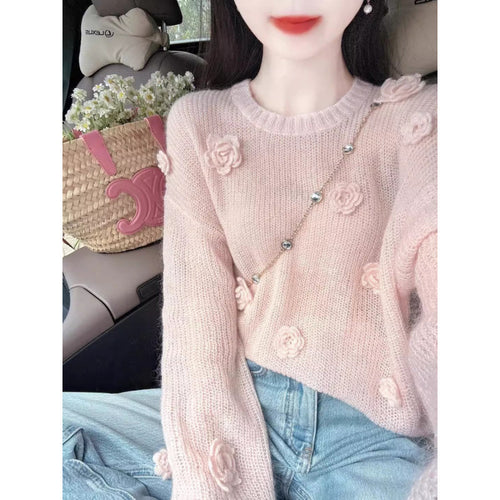 Damen Pullover mit dekorativen Blumenapplikationen Drune