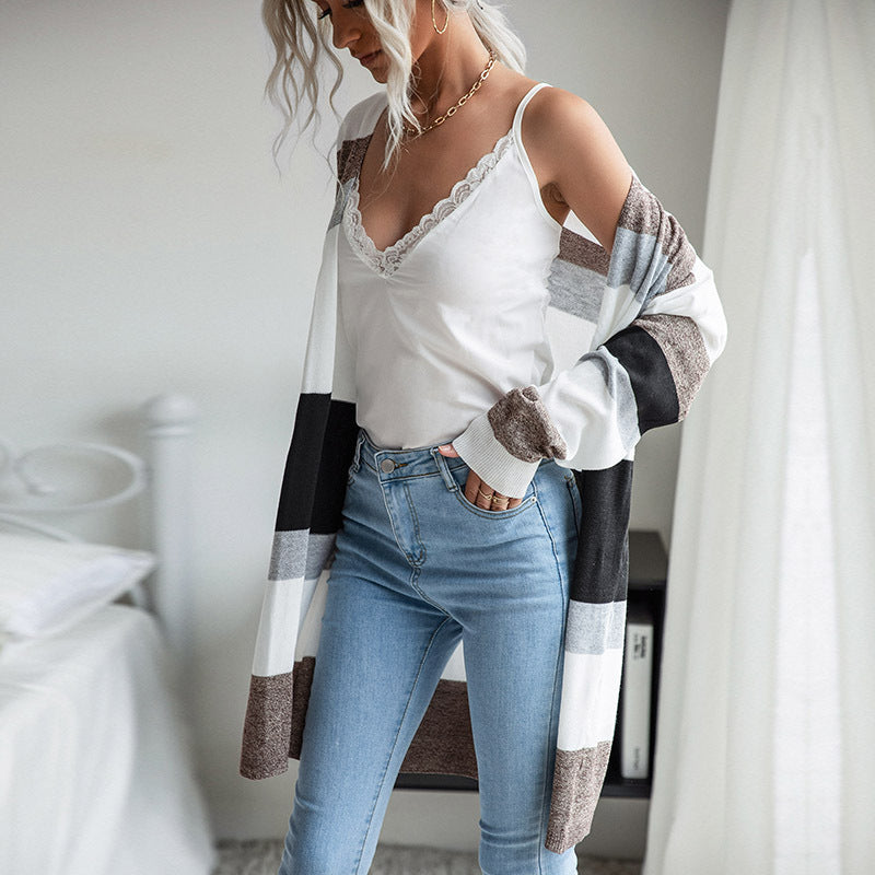 Damen trendige Langarmstrickjacke mit grafischem Streifenmuster Drune