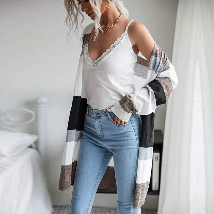 Damen trendige Langarmstrickjacke mit grafischem Streifenmuster Drune