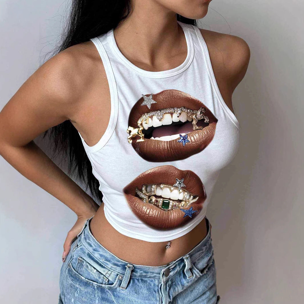 Damen Tanktop mit künstlerischem Lippenmotiv und figurbetontem Schnitt Drune