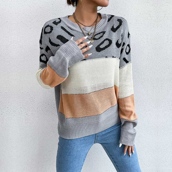 Damen lässiger Strickpullover mit modischem Farbblockdesign und animalischem Muster Drune