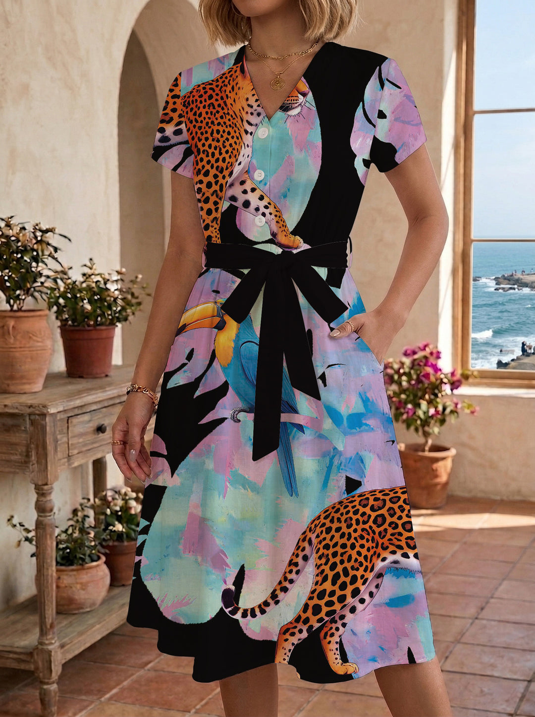Damen Blühendes Midikleid mit taillierbarem Gürtel und kunstvollem Print Drune