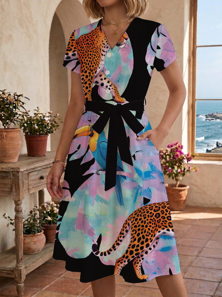 Damen Blühendes Midikleid mit taillierbarem Gürtel und kunstvollem Print Drune
