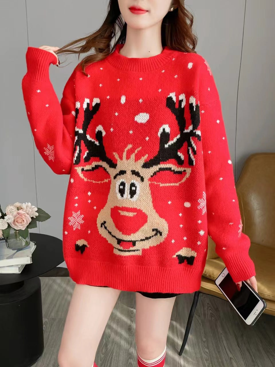 Damen Weihnachts-Pullover mit einzigartigem Rentier-Motiv Drune